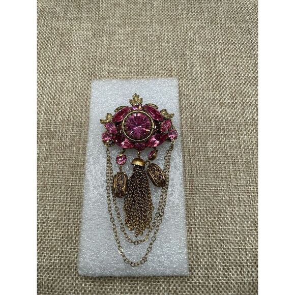 Vintage  Russian Soviet Bronze Beautiful Lacy Women's Brooch Pendant Flower Pink - Picture 9 of 9